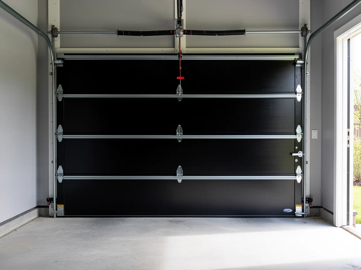 A black garage door is closed inside a garage with a concrete floor.