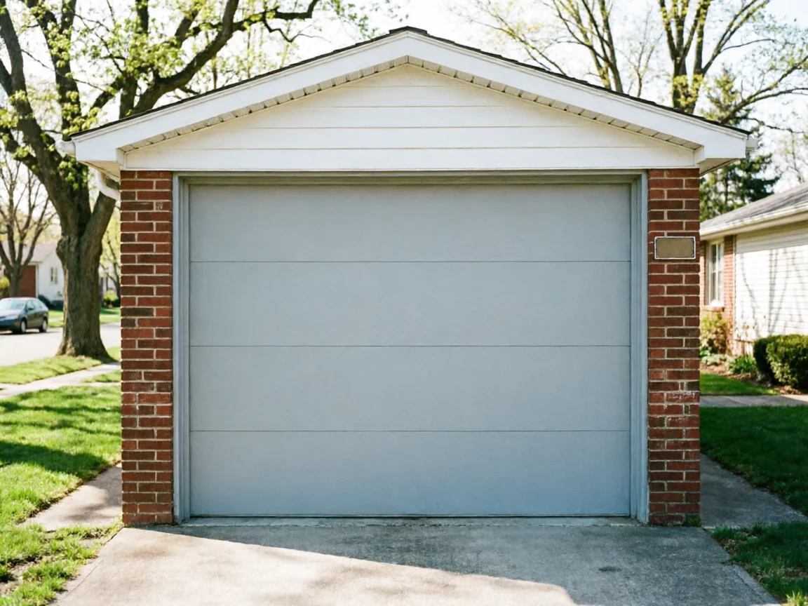A light gray garage door is set in a brick garage with white siding.