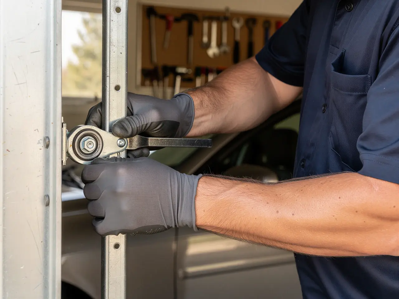 A technician in gloves adjusts a garage door roller on a metal track.